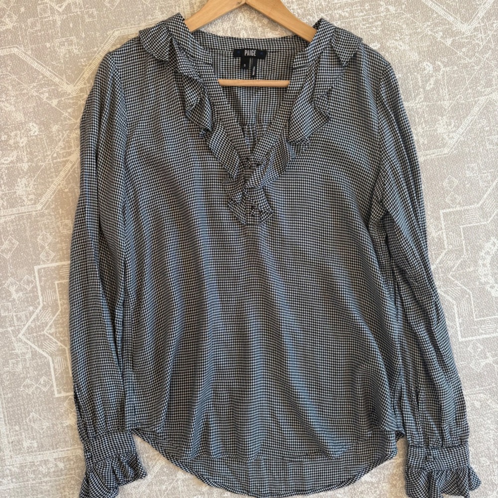 Paige‎ Black White Micro Houndstooth Ruffle V-Neck Long Sleeve Blouse Small